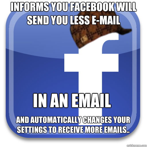 Informs you Facebook will send you less e-mail In an email and automatically changes your settings to receive more emails..  Scumbag Facebook