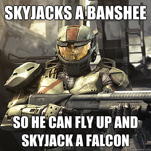 skyjacks a banshee so he can fly up and skyjack a falcon  
