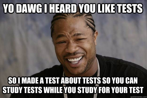 YO DAWG I HEARD YOU LIKE TESTS so I MADE A TEST ABOUT TESTS SO YOU CAN STUDY TESTS WHILE YOU STUDY FOR YOUR TEST - YO DAWG I HEARD YOU LIKE TESTS so I MADE A TEST ABOUT TESTS SO YOU CAN STUDY TESTS WHILE YOU STUDY FOR YOUR TEST  Xzibit meme