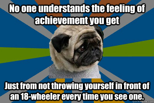 No one understands the feeling of achievement you get Just from not throwing yourself in front of an 18-wheeler every time you see one.  