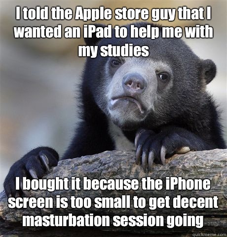 I told the Apple store guy that I wanted an iPad to help me with my studies I bought it because the iPhone screen is too small to get decent masturbation session going  Confession Bear