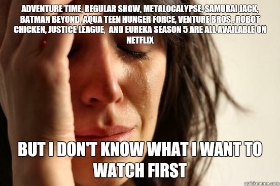 Adventure Time, Regular Show, Metalocalypse, Samurai Jack, Batman Beyond, Aqua Teen Hunger Force, Venture Bros., Robot Chicken, Justice League,  and Eureka season 5 are all available on Netflix But i don't know what I want to watch first  First World Problems
