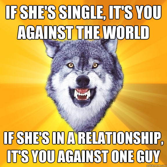 If she's single, it's you against the world If she's in a relationship, it's you against one guy - If she's single, it's you against the world If she's in a relationship, it's you against one guy  Courage Wolf