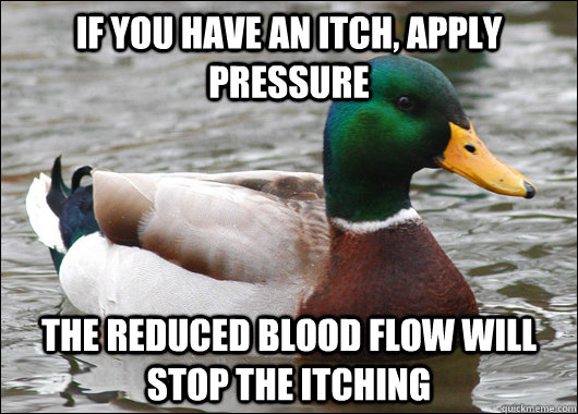 If you have an itch, apply pressure the reduced blood flow will stop the itching  Actual Advice Mallard