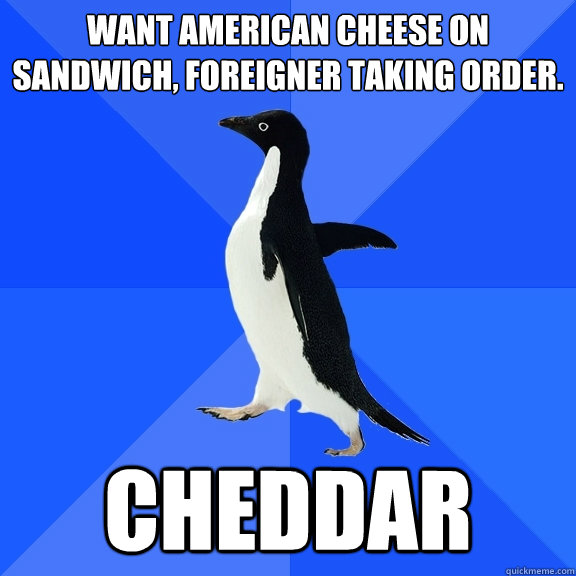 WANT AMERICAN CHEESE ON SANDWICH, FOREIGNER TAKING ORDER.  CHEDDAR  Socially Awkward Penguin