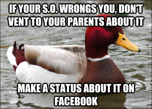If your s.o. wrongs you, don't vent to your parents about it make a status about it on facebook  Malicious Advice Mallard