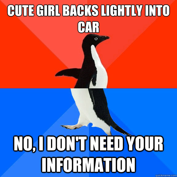 Cute girl backs lightly into car No, I don't need your information  Socially Awesome Awkward Penguin