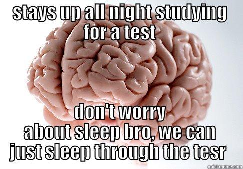 STAYS UP ALL NIGHT STUDYING FOR A TEST DON'T WORRY ABOUT SLEEP BRO, WE CAN JUST SLEEP THROUGH THE TESR  Scumbag Brain