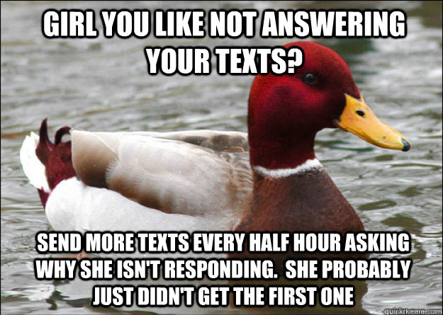 girl you like not answering your texts? Send more texts every half hour asking why she isn't responding.  she probably just didn't get the first one  Malicious Advice Mallard