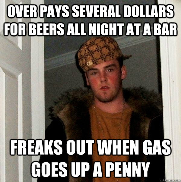 Over pays several dollars for beers all night at a bar Freaks out when gas goes up a penny  Scumbag Steve