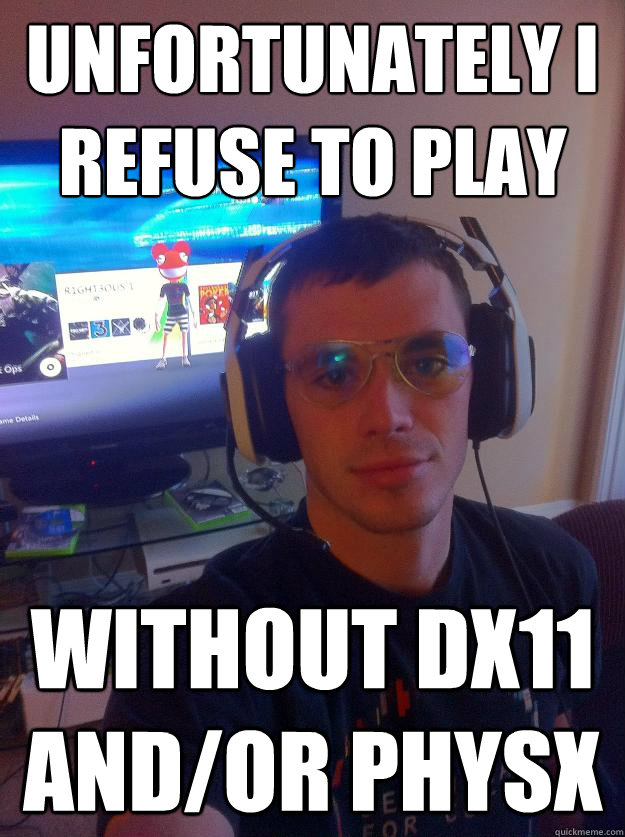 Unfortunately I refuse to play without DX11 and/or PhysX  Elitist Gamer