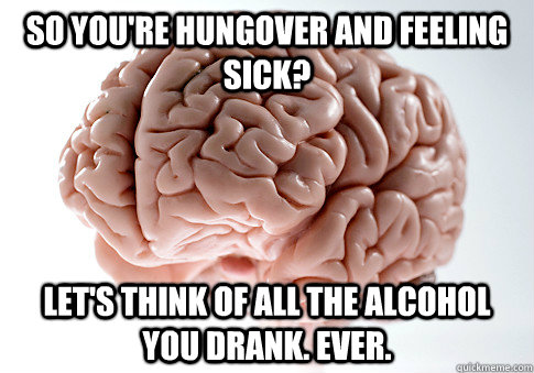 So you're hungover and feeling sick? Let's think of all the alcohol you drank. ever.  - So you're hungover and feeling sick? Let's think of all the alcohol you drank. ever.   Scumbag Brain