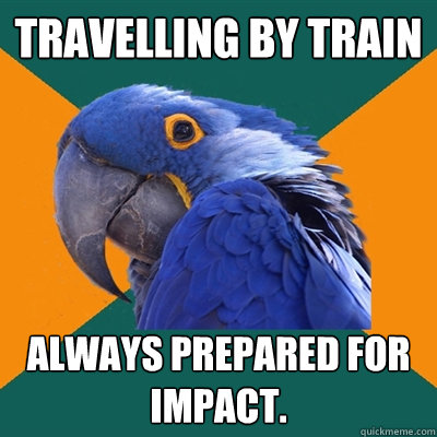 travelling by train always prepared for impact.  Paranoid Parrot