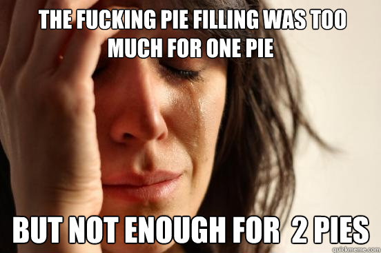  The fucking pie filling was too much for one pie but not enough for  2 pies  First World Problems