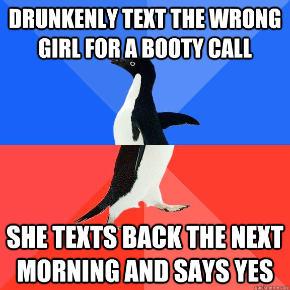 Drunkenly text the wrong girl for a booty call she texts back the next morning and says yes  Socially Awkward Awesome Penguin