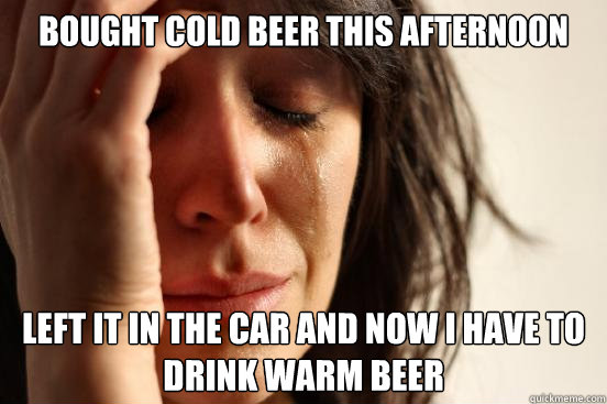 Bought cold beer this afternoon left it in the car and now i have to drink warm beer  First World Problems
