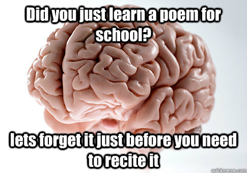 Did you just learn a poem for school? lets forget it just before you need to recite it  - Did you just learn a poem for school? lets forget it just before you need to recite it   Scumbag Brain