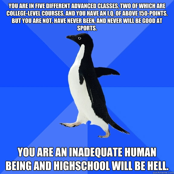 You are in five different advanced classes, two of which are college-level courses, and you have an I.Q. of above 150-points. But you are not, have never been, and never will be good at sports. You are an inadequate human being and Highschool will be hell  Socially Awkward Penguin