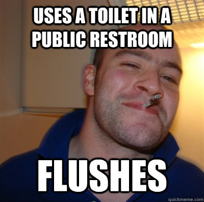 uses a toilet in a public restroom flushes  GoodGuyGreg