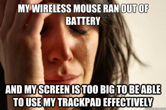 My wireless mouse ran out of battery And my screen is too big to be able to use my trackpad effectively  First World Problems