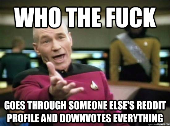 Who the fuck goes through someone else's Reddit profile and downvotes everything  Annoyed Picard HD