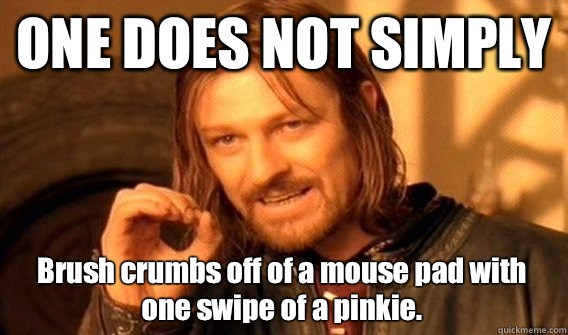 ONE DOES NOT SIMPLY Brush crumbs off of a mouse pad with one swipe of a pinkie.  One Does Not Simply
