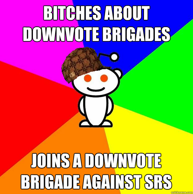 Bitches about downvote brigades Joins a downvote brigade against SRS  Scumbag Redditor