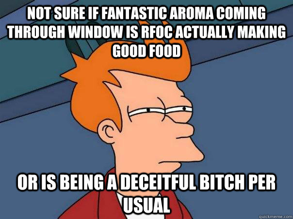 Not sure if fantastic aroma coming through window is RFoC actually making good food or is being a deceitful bitch per usual  Futurama Fry