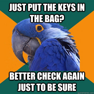 Just put the keys in the bag? Better check again just to be sure   Paranoid Parrot