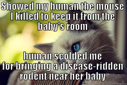 SHOWED MY HUMAN THE MOUSE I KILLED TO KEEP IT FROM THE BABY'S ROOM HUMAN SCOLDED ME FOR BRINGING A DISEASE-RIDDEN RODENT NEAR HER BABY First World Problems Cat