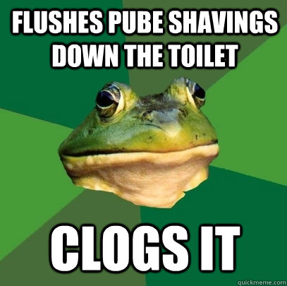 flushes pube shavings down the toilet clogs it  Foul Bachelor Frog