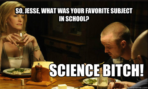 So, Jesse, what was your favorite subject in school? SCIENCE BITCH!  Breaking Bad Dinner Scene
