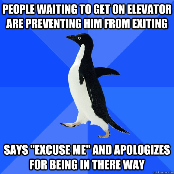 PEOPLE WAITING TO GET ON ELEVATOR ARE PREVENTING HIM FROM EXITING SAYS 