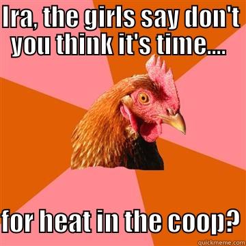 IRA, THE GIRLS SAY DON'T YOU THINK IT'S TIME....  FOR HEAT IN THE COOP? Anti-Joke Chicken