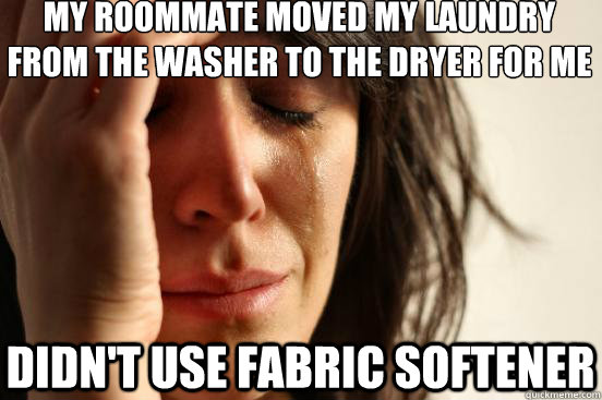 My roommate moved my laundry from the washer to the dryer for me didn't use fabric softener  First World Problems
