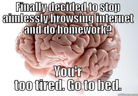 FINALLY DECIDED TO STOP AIMLESSLY BROWSING INTERNET AND DO HOMEWORK? YOU'R TOO TIRED. GO TO BED. Scumbag Brain