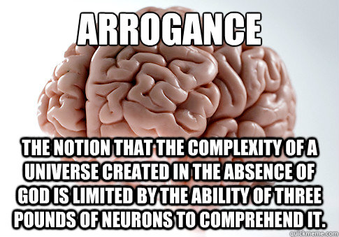arrogance
 The notion that the complexity of a universe created in the absence of God is limited by the ability of three pounds of neurons to comprehend it.  Scumbag Brain