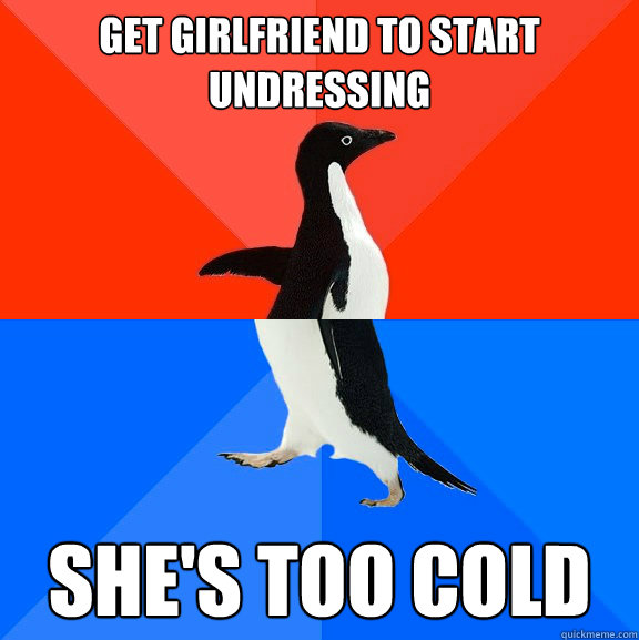 Get girlfriend to start undressing She's too cold  Socially Awesome Awkward Penguin