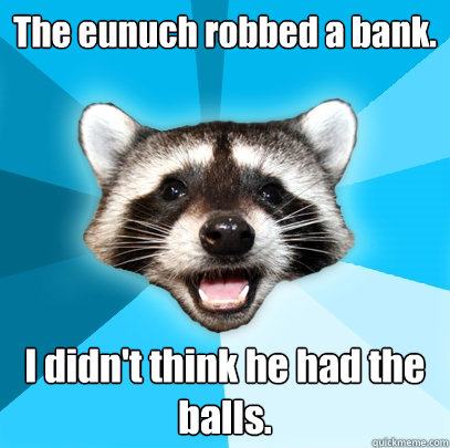The eunuch robbed a bank. I didn't think he had the balls.  Lame Pun Coon