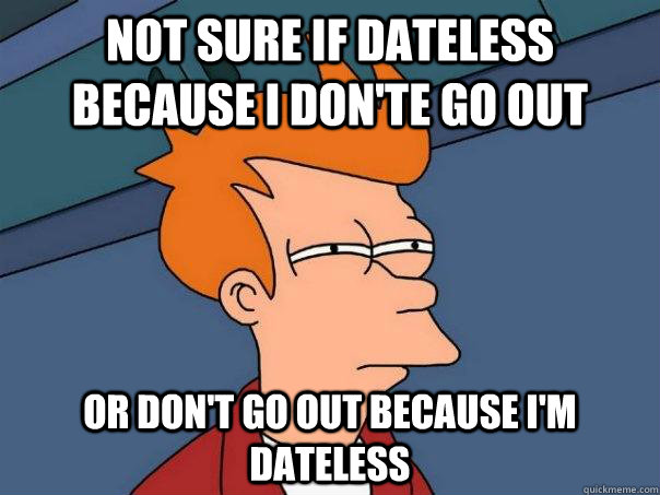 Not sure if dateless because I don'te go out Or don't go out because I'm dateless  Futurama Fry