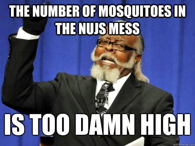 The number of mosquitoes in the NUJS MESS is too damn high  Toodamnhigh