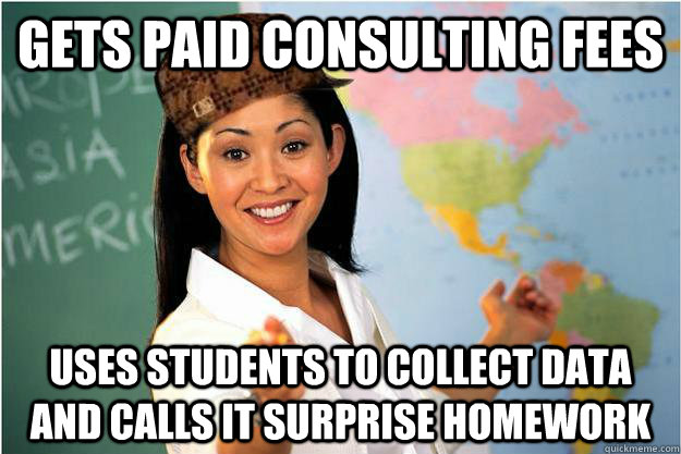 Gets paid consulting fees Uses students to collect data and calls it surprise homework  Scumbag Teacher