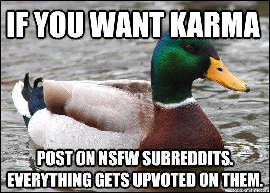 If you want karma Post on NSFW subreddits. Everything gets upvoted on them.  Actual Advice Mallard