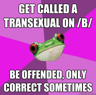 Get called a transexual on /b/ be offended, only correct sometimes  Foul Bachelorette Frog