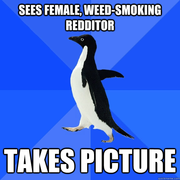 sees female, weed-smoking redditor takes picture  Socially Awkward Penguin