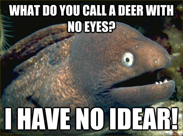 What do you call a deer with no eyes? I have no idear!  Bad Joke Eel