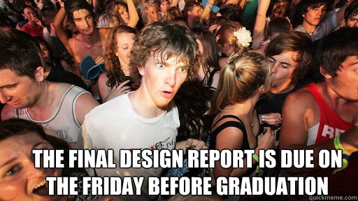  The Final Design Report is due on the Friday before graduation  Sudden Clarity Clarence