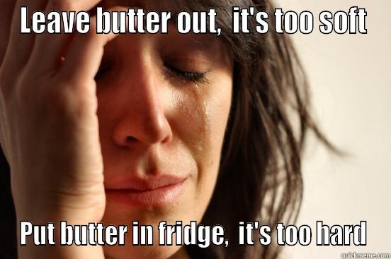 LEAVE BUTTER OUT,  IT'S TOO SOFT PUT BUTTER IN FRIDGE,  IT'S TOO HARD First World Problems