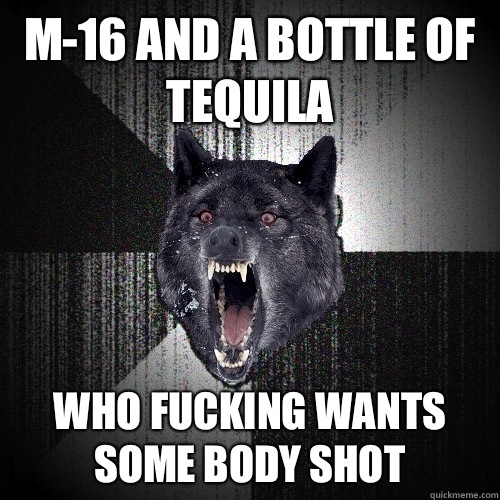 M-16 and a bottle of tequila  Who fucking wants some body shot - M-16 and a bottle of tequila  Who fucking wants some body shot  Insanity Wolf