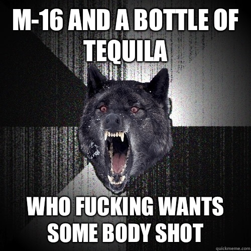 M-16 and a bottle of tequila  Who fucking wants some body shot  Insanity Wolf